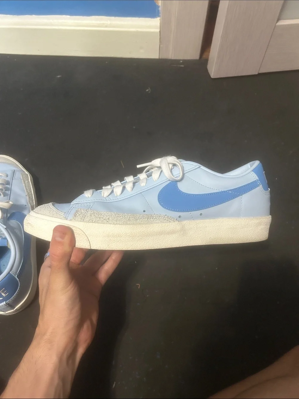 Nike Light Blue and White Low-Top Sneakers with Blue Swoosh